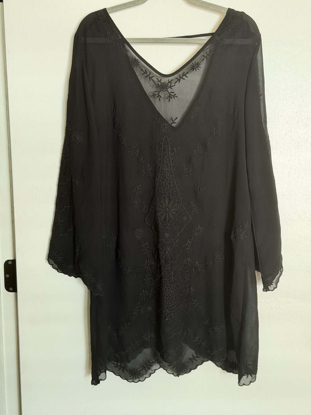 ASTR Black Sheer Embroidered V-Neck Bell Sleeve Mini Dress coverup
